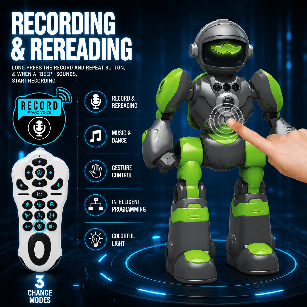 Toy robot with remote control on a dark background, featuring text about its features.